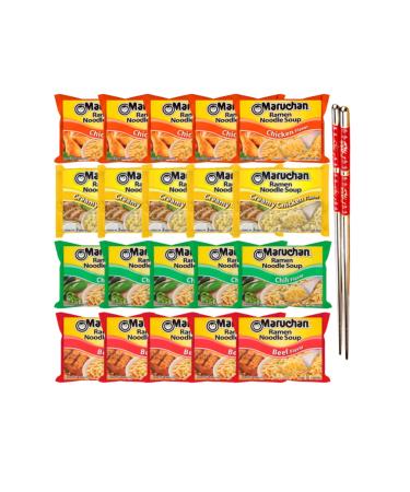 Ja Cor Instant Ramen Noodles Soup Variety Pack 4 Flavors: (5) Chicken (5) Creamy Chicken (5) Chili (5) Beef Noodle Flavor 3 oz Bundle with (1) Set of Reusable Chopsticks(20 Individual Packs)