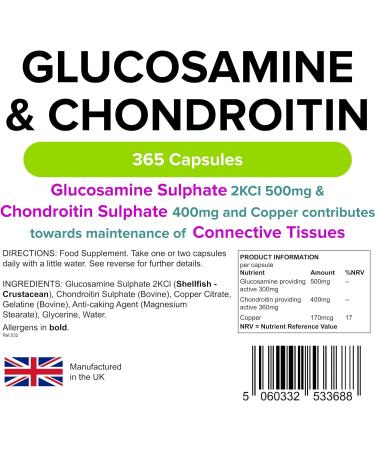 Lindens Glucosamine & Chondroitin + Copper 500/400 Capsules - 365 Pack | UK Manufacturer | 500mg Glucosamine & 400mg Chondroitin | Letterbox Friendly - Buy Online on GoSupps.com