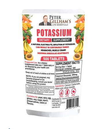 Peter Gillham s Life Essentials Potassium Gluconate tablets 595mg 500 Tablets Support Electrolyte Balance Made in USA (Package May Vary)
