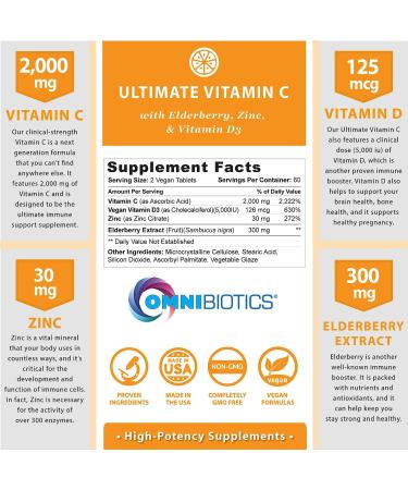 OmniBiotics Ultimate Vitamin C 2000mg with Zinc, Elderberry & Vitamin D3 - Immune Support Supplement - 120 Vegan Tablets - Buy Online on GoSupps.com