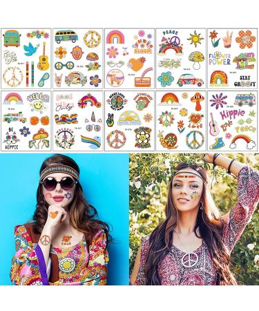 70s Groovy Temporary Tattoos - Flower Fake Tattoos Stickers for Retro Hippie Theme Party Supplies (10 Sheets) - Buy Online on GoSupps.com