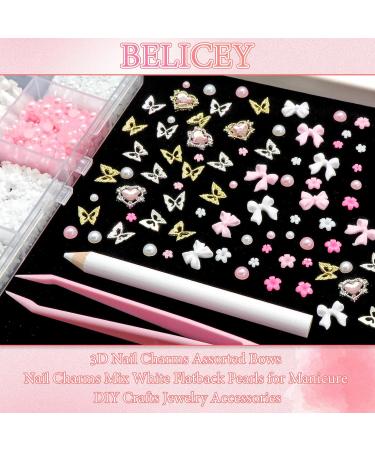 BELICEY 1000PCS 3D Nail Charms - Cute Butterfly Bow Star Heart & Moon Designs for Nail Art DIY - Includes Picker Pencil & Tweezer - Pink & White Flower Collection - Buy Online on GoSupps.com
