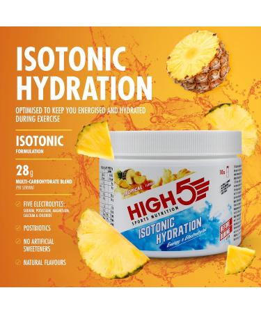 High5 Tropical Hydration Energy Drink Powder | Isotonic Electrolyte Formula | 28g Carbs, 25mg Magnesium | Added Postbiotics | Zero Fat | 300g Pack - Buy Online on GoSupps.com