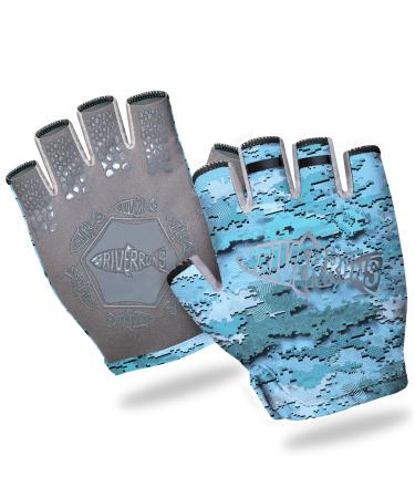 Riverruns Fishing Gloves, UPF50+ Sun Gloves, Fingerless Fishing Gloves, Lightweight Breathable Fishing Gloves Men for Kayaking Paddling Driving Hiking Fishing CamoBlue Small