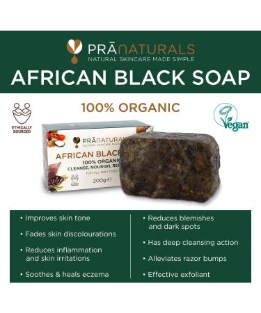 PraNaturals 100% Organic Raw African Black Soap 200g - Handcrafted in Ghana | Detoxifying & Anti-Ageing | For All Skin Types - Natural Vegan Unprocessed - Buy Online on GoSupps.com