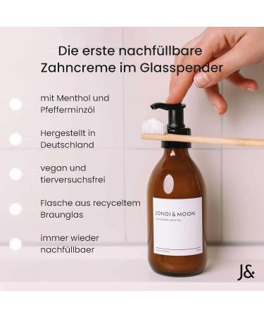 Jondi&Moon Natural Cosmetic Toothpaste - 250ml Glass Bottle - Refillable Toothpaste Dispenser with Natural Ingredients for White Teeth - Vegan Flouride Menthol - Buy Online on GoSupps.com