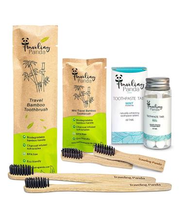 Traveling Panda Bamboo Toothbrushes Soft Bristles  Travel Toothbrush Kit  Includes Brushes and Mint Toothpaste Tablets  Essentials for On The Go Teeth Brushing  2 Mini 2 Large Brushes and 60 Tabs Mint 5 Piece Set