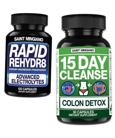 Saint Mingiano 15 Day Cleanse | Colon Detox with Natural Laxative - with - Rapid Rehydr8 Electrolyte Supplements Prevention of Cramping and Supports Muscle Endurance and Recovery - 100 Capsules