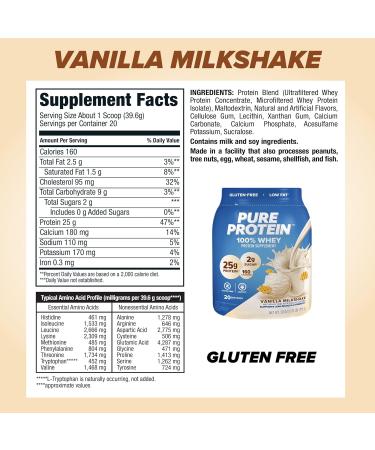 Pure Protein Powder Whey High Protein Low Sugar Gluten Free Vanilla Cream 1.75 lbs & Vanilla Protein Shake 30g Complete Protein Vitamins A C D and E Plus Zinc - Buy Online on GoSupps.com