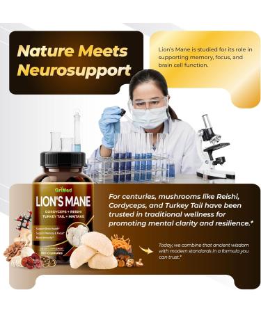 GriMed Lion's Mane Mushroom 13 600mg with Beta-(1 3)(1 6)-glucans Cordyceps Reishi Mushroom- Organic Brain Boosting Supplement for Clarity Focus & Energy (150 Count (Pack of 1)) - Buy Online on GoSupps.com