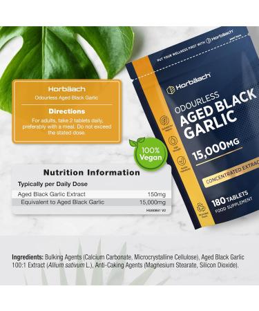 Black Garlic Tablets 15000mg | 180 Count | High Strength Odourless Concentrated Garlic Extract | Aged Black Garlic Vegan Supplement | by Horbaach - Buy Online on GoSupps.com