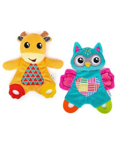 teytoy 2 Pcs Crinkle Toys for Baby with Teether  Baby Teething Sensory Toys Newborn Bib Saliva Soother Towel  Soft Snuggle Sleeping Security Blanket for Unisex Babies 0-36 Months Gifts(Owl and Deer)