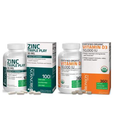 Bronson Vitamin D3 10 000 IU (1 Year Supply) for Immune Support Zinc Triple Play 30 mg Triple Coverage Immune Support