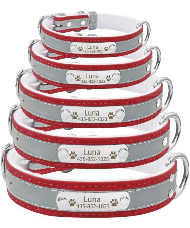 Personalized Reflective Leather Dog Collar - Engraved Name Tape for Small Medium Large Dogs & Cats - Senristar Red 3.0 cm Width Neck 45-55 cm - Buy Online on GoSupps.com