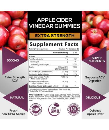 Apple Cider Vinegar Gummy Vitamins 1000mg Vegan Detox & Cleanse with Beet Root, B12 & Natural Apple Flavor 60 Gelatin-Free Gummies - Buy Online on GoSupps.com
