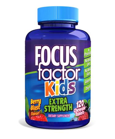 Focus Factor Kids Extra Strength Daily Chewable for Brain Health Support, 120 Count  Vitamins for Kids - Quality Formula  Gluten & Dairy Free Supplements for Children  No Artificial Sweetener 120 Count (Pack of 1)
