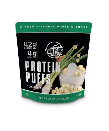 Twin Peaks Low Carb, Keto Friendly Protein Puffs, Sour Cream & Onion 2 Servings, 3 Pack (60g, 42g Protein, 4g Carbs)