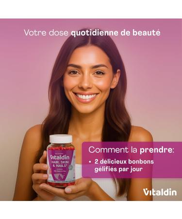 VITALDIN Gummies Cheveux Peau & Ongles 2500 g de Biotine Soin des Cheveux Avec Zinc et Vitamines C & E V ganes Sans Sucre Sans Gluten 60 Gummies 1 Mois Saveur Fraise - Buy Online on GoSupps.com