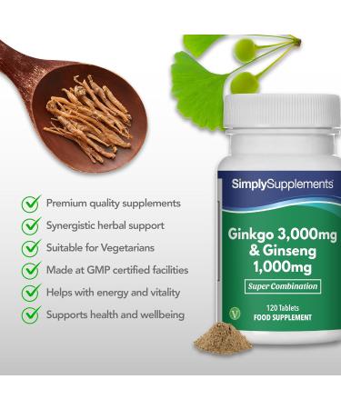 Ginkgo Biloba and Korean Ginseng (Panax) | 120 Tablets | Vegan Friendly | Up to 2 Months of Benefit | SimplySupplements - Buy Online on GoSupps.com