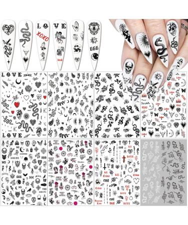 Snake Nail Art Stickers Decals Designer Nail Stickers Nail Art Supplies 3D Gothic Nail Decals Black Dark Skull Heart Lips Moon Ghost Nail Designs Stickers for Acrylic Nails Art Decoration (8 Sheets) Z-1