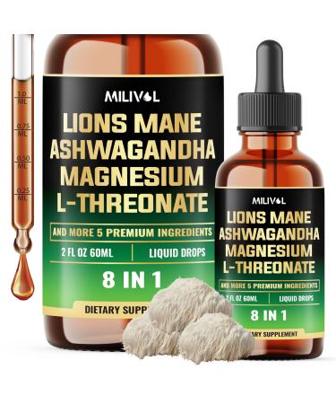 MILIVOL 8in1 Lions Mane Liquid Drops with Ashwagandha Root, Magnesium L-Threonate & 5 Herbs - Mood Balance, Brain Health, Immune - 60 Days Supply - 2Fl oz