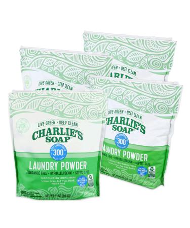 Charlies Soap Laundry Powder (300 Loads, 4 Pack) Fragrance Free Hypoallergenic Plant Based Deep Cleaning Laundry Powder  Biodegradable Eco Friendly Sustainable Laundry Detergent Unscented  8 Pound (Pack of 4)