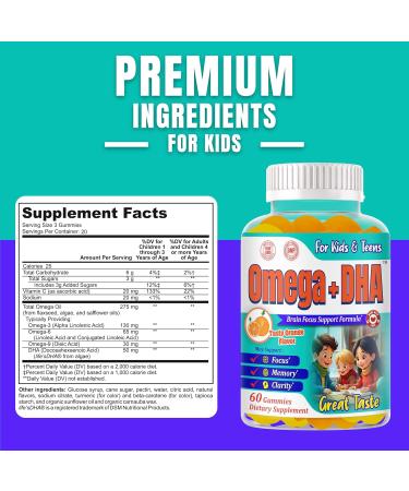 Kids Focus and Attention Supplements | Focus Gummies for Kids & Teens | Plant-Based Omega 3 DHA Focus Vitamins for Teens Memory Vitamins for Children Delicious Orange Flavor-60ct - Buy Online on GoSupps.com