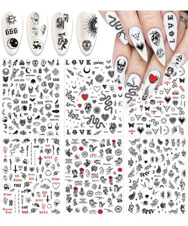 Snake Nail Art Stickers Decals Nail Art Supplies 3D Self Adhesive Nail Stickers Dark Skull Heart Cupid Angel Lips Ghost Nail Decals for Acrylic Nails Designs Manicure Tips Decoration (6 Sheets)
