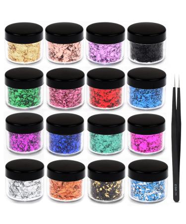 Gold Foil Flakes for Resin, 16 Multicolor Gilding Flakes Gold Leaf Flakes Imitation Metallic Gold Flakes for Resin Epoxy, Nails, Crafts, Candles 16 Color