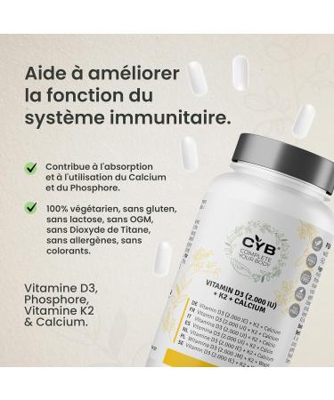 CYB | Vitamine D3 2000 IU 50 g - Vitamine K2 80 g - Calcium 500mg - 90 Comprim s pour 3 Mois - Vitamines - Suppl ment Multivitamin Quotidien - Produit V g tarien - Facile Avaler - Buy Online on GoSupps.com