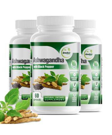 GreeNatr Organic Ashwagandha Capsules with Black Pepper for Enhanced Absorption - Mood Enhancer with Energy and Cognitive Function Support - 1300 mg Veggie Capsules (3 Bottles)
