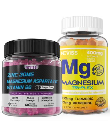 NEVISS Magnesium Gummies with Turmeric 300mg + Zinc and Magnesium Supplement with Vitamin B6 B12 D3 Turmeric