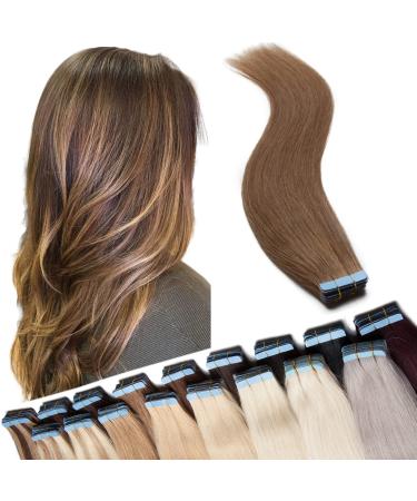 24 inches SEGO Tape in Hair Extensions Human Hair 40 Pieces #6 Light Brown Real Remy Hairpieces Invisible Straight Skin Weft Seamless Natural (100g)