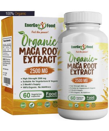 Organic Maca Root Capsules 2500mg High Strength - Naturally Rich in Vitamin C B6 Copper Iron Pure Peruvian Maca NO ADDITIVES - Vegan Superfood Tablets by EnerGoFood (60 Capsules) 60 Count (Pack of 1)