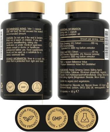 Panax Ginseng Capsules High Strength - 6000mg Korean Red Ginseng & Ginkgo Biloba for Natural Energy & Focus - Vegan & UK Made - 60 Tablets One-a-Day - Premium Ginseng Root Supplements for Men & Women - Buy Online on GoSupps.com