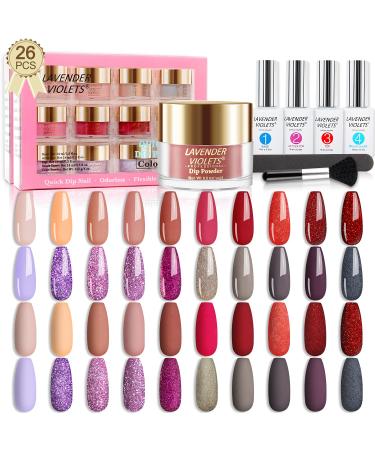 Lavender Violets 26PCS Dip Powder Nail Kit Starter 0.5 oz/bot. Large Jar Red Solid Glitter Colors Dip Powder System with Base Top Activator Brush Saver, Nail File and Brush K933