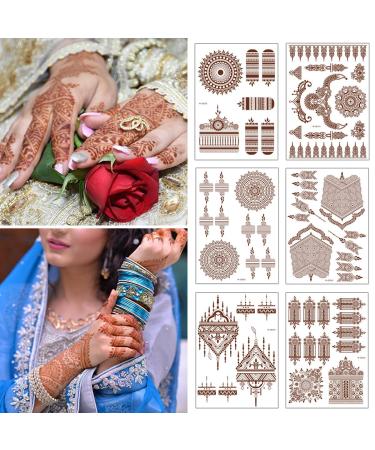 Henna Temporary Tattoo for Women Exquisite Brown Flower Lace Fake Tattoos Waterproof Removable Tattoo Face Body Accessories Wedding Birthday Party Tattoos Stickers 6 Sheets Henna Tattoo Brown