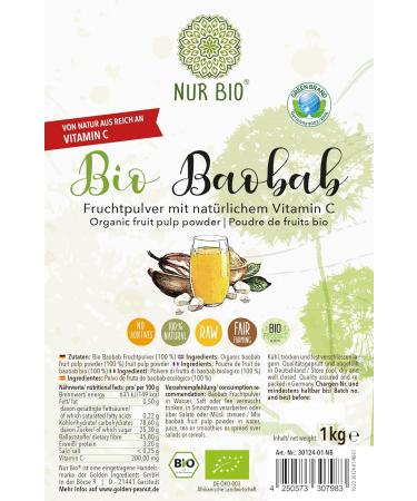 Buy NurBio Baobab Fruit Powder 1 kg - 100% Natural Raw Superfood for Muesli & Smoothies High in Vitamin C - Buy Online on GoSupps.com