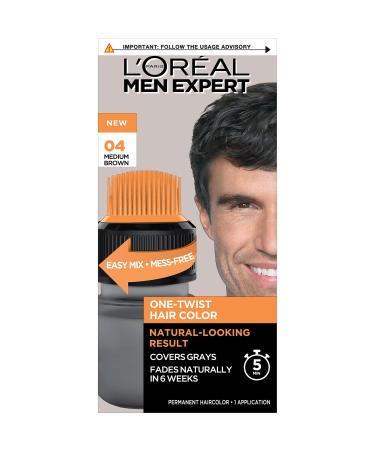 L Oreal Paris Men Expert One Twist Mess Free Permanent Hair Color  Mens Hair Dye to Cover Grays  Easy Mix Ammonia Free Application  Medium Brown 04  1 Application 04 Medium Brown/H35 1.70 Fl Oz (Pack of 1)