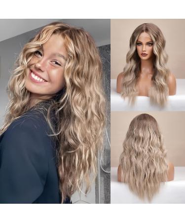 HAIRCUBE Long Ombre Blonde Lace Front Wigs for Women Natural Wavy Synthetic Hand Tied Hair with Middle Part 25 Inches