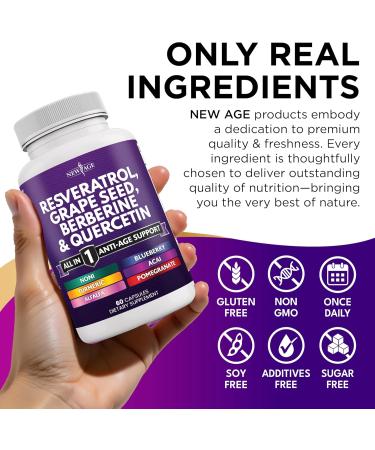 NEW AGE Resveratrol Berberine Grape Seed Extract Quercetin Supplement for Women and Men with Noni N-Acetyl Cysteine Acai - 120 Capsules 120 Count (Pack of 1) - Buy Online on GoSupps.com