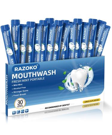 RAZOKO Mouthwash Travel Size-Portable Fresh Mint Packets,Alcohol & Fluoride Free Mouthwash,Disposable Oral Care Strips Mint 0.41 Fl Oz (Pack of 30)