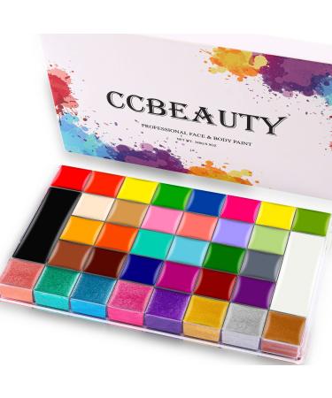 CCbeauty Professional 36 Colors Face Body Paint Oil Based, Large Face Painting Palette Kit (8 Pearl Shimmer + 6 UV Glow + 22 Regular Colors), Safe Non-Toxic Hypoallergenic Neon Pigmented Body Paints for Halloween SFX Speci