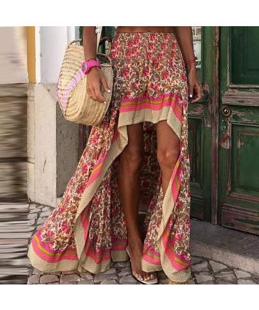 Sanahy Women Boho Floral Print Maxi Dress - Red XL | High Low Ruffle Hem, Elastic Waist, Beach Chic Style - Buy Online on GoSupps.com