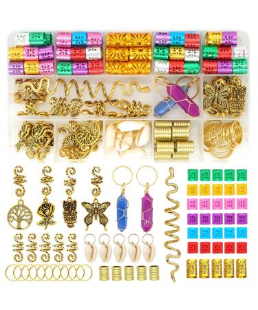 125 Pcs Dreadlocks Loc Hair Jewelry for Women Braids Hair, Crystal Gemstone Pendant Hair Accessories, Gold and Colorful Hair Rings for Braids, Cute Hair Pendants Butterfly Rose Shell and Snake 125 Piece Set