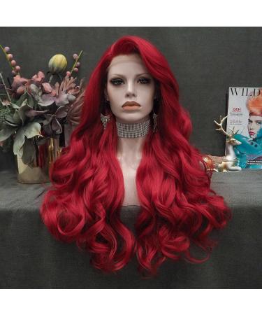 IMSTYLE Red Lace Front Wigs Long Wavy Synthetic Wig for Women Natural Hairline Mera Cosplay Party Halloween Heat Resistant Hair 26inch (Red 3100)