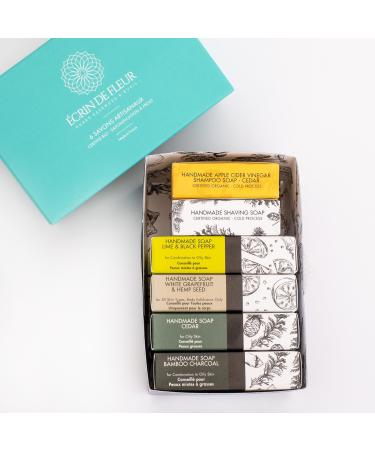 CRIN DE FLEUR Organic Men's Soap 6-pack (Cedar Soap Lime Soap Charcoal Soap Grapefruit Exfoliating Soap Solid Shampoo - Apple Cider Vinegar - Cedar Cedar Shaving Soap)