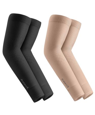 ProtectX Cooling UV Protection Arm Sleeves for Men & Women - Breathable, Moisture-Wicking, Compression Black 1 Pair + Beige 1 Pair