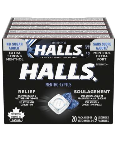 HALLS No Sugar Added Extra Strong Cough Drops Throat Lozenges Sore Throat Relief Mentho-Lyptus 9 Lozenges Cough Drops Extra Strong Singles (Full Tray)