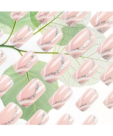 24Pcs Glossy Silver Glitter Curve Press-On Nails | Medium Square Acrylic Full Cover Fake Nails for Coquette Women & Girls - Sparkly Manicure Gel Glue Sticks - Buy Online on GoSupps.com